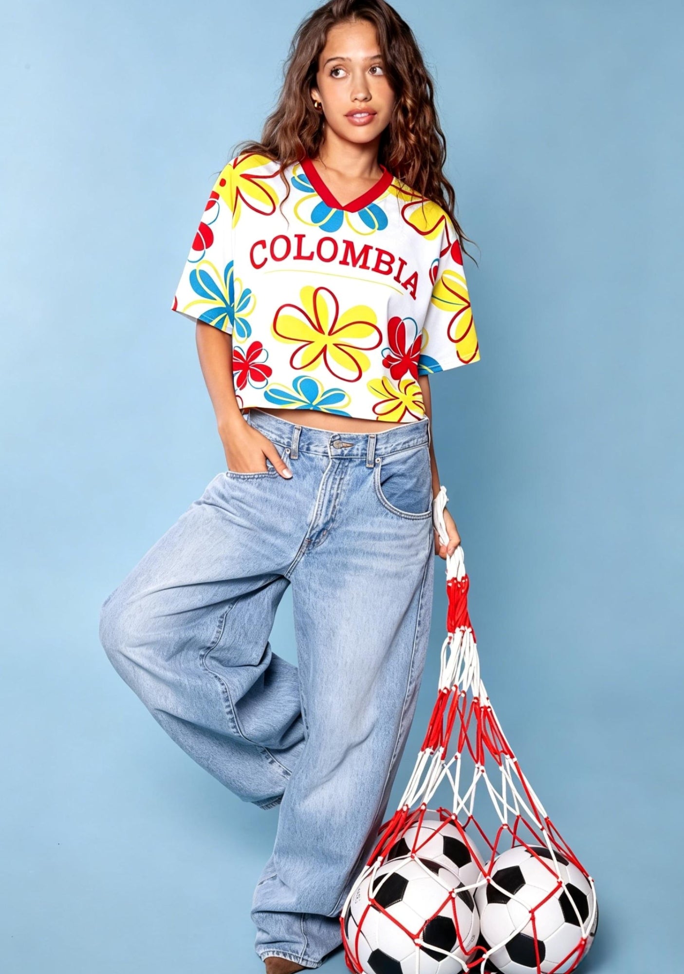 Colombia Full Floral Print Flag Cropped Jersey Shirt