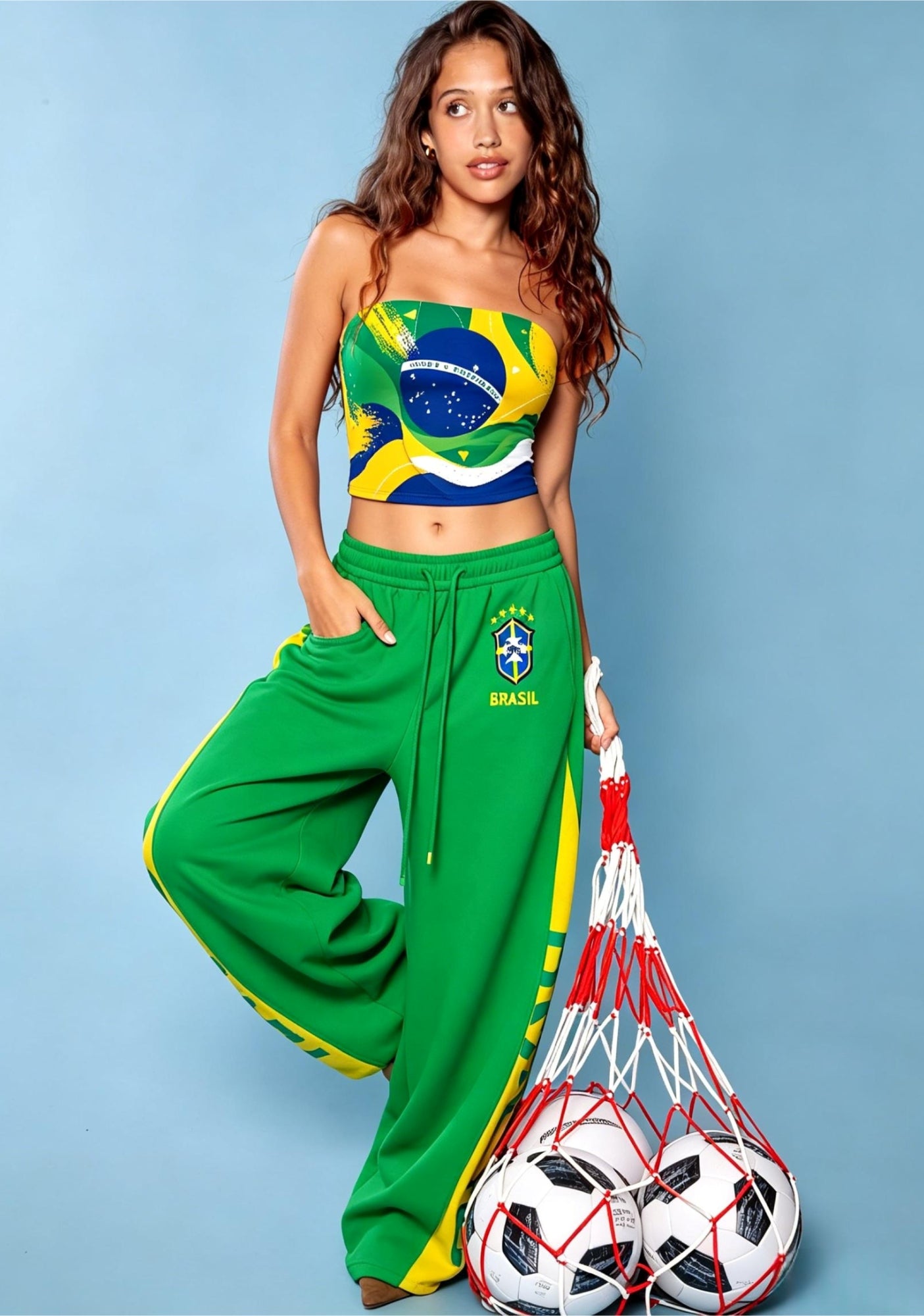 Brazil Flag BRASIL Letter Fan Tops & Elasticated Trousers Two-Piece Set Main image