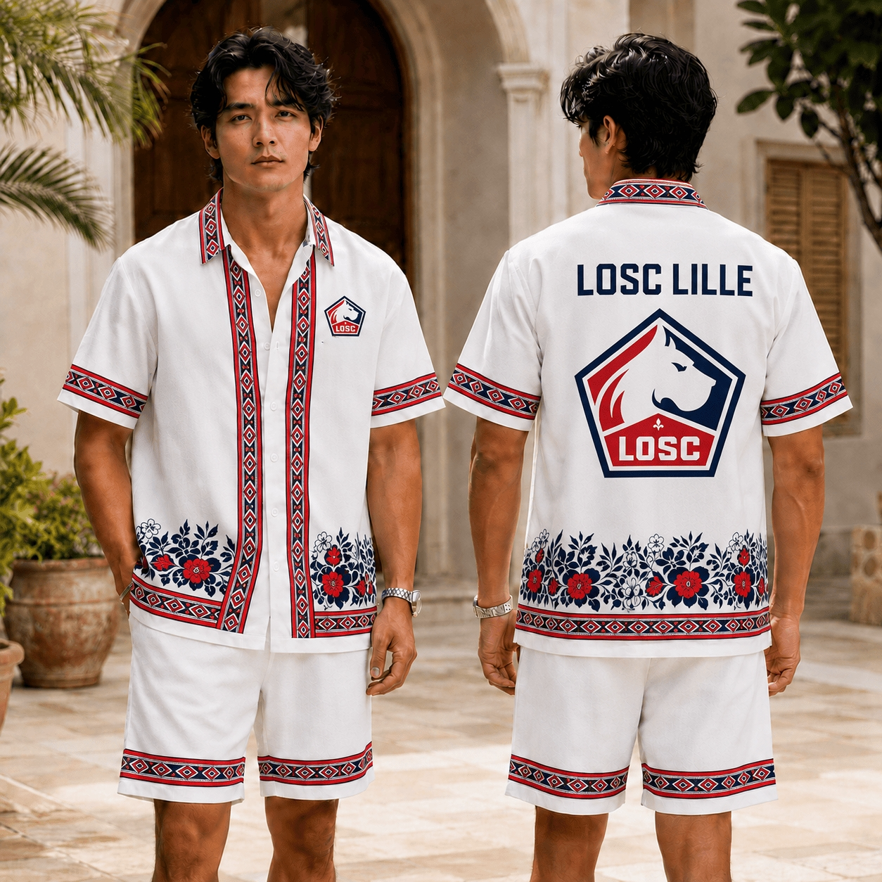 LOSC Lille Dog Crest Floral Decor Hawaiian & Short Pants For Fan