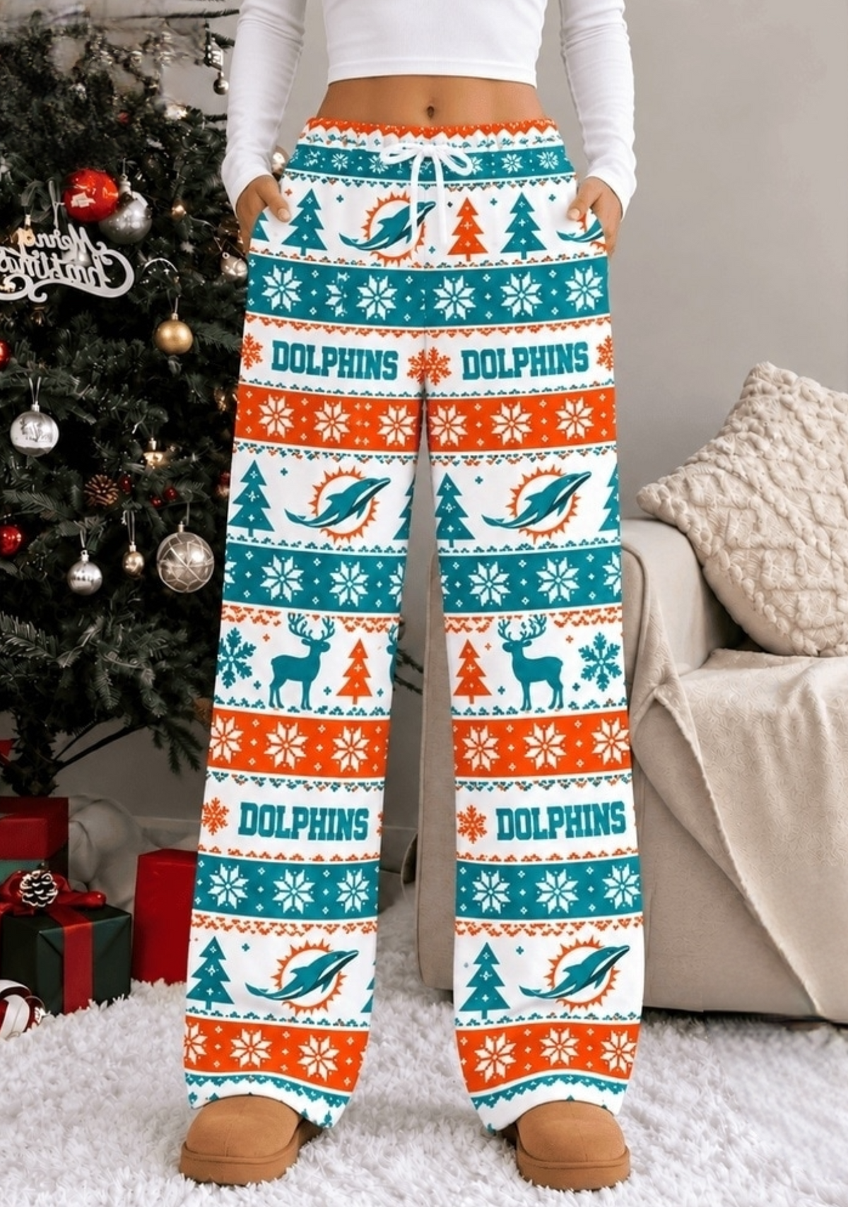 Womens Miami Dolphins Christmas Wide Leg Pants