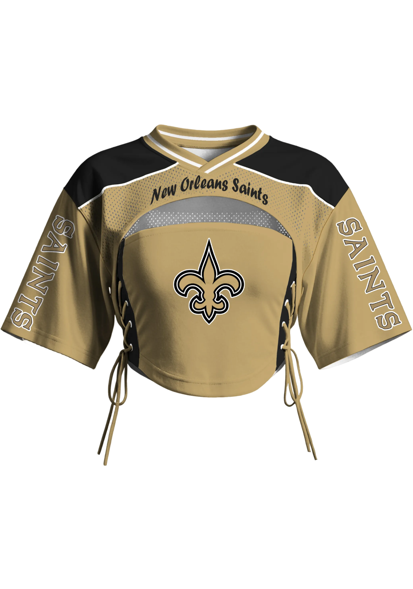 New Orleans Saints Women Lace Up Cutout Crop NFL Mesh Jersey