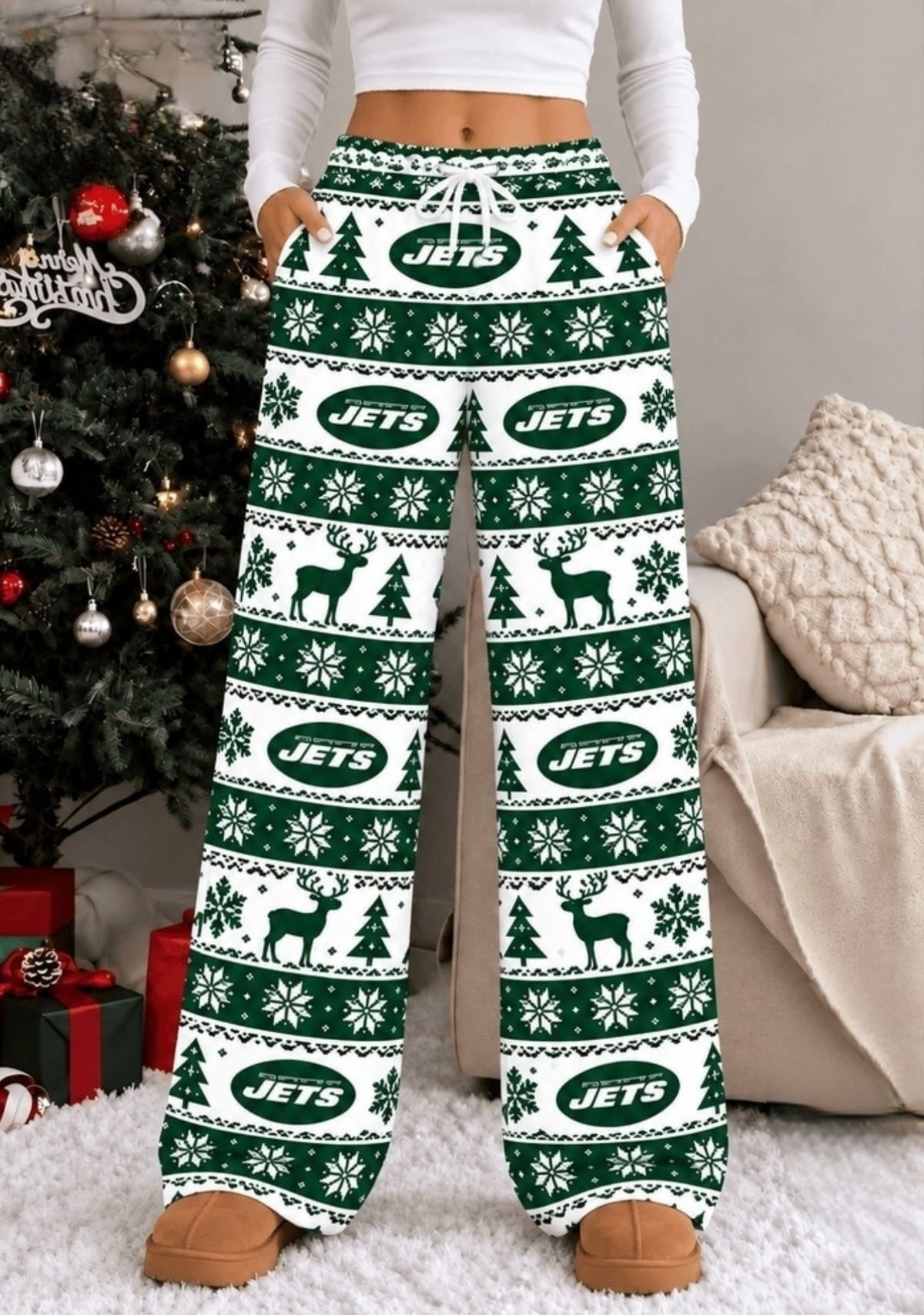 Womens New York Jets Christmas Wide Leg Pants