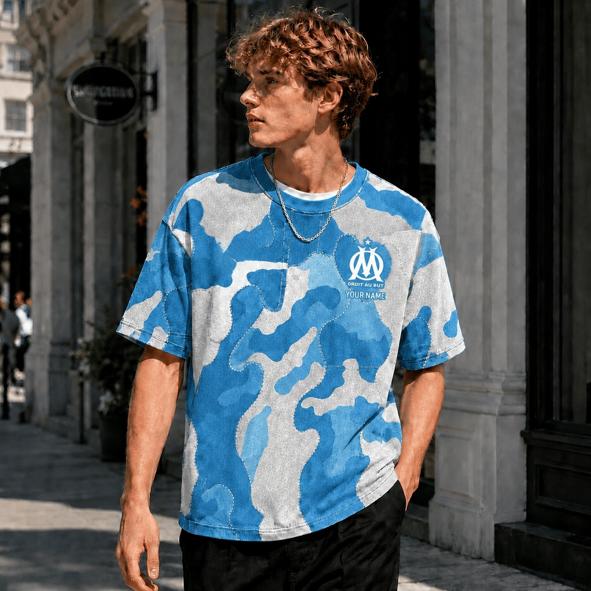 OM Marseille Blue White Camo T Shirt Custom Name For Fan Main image