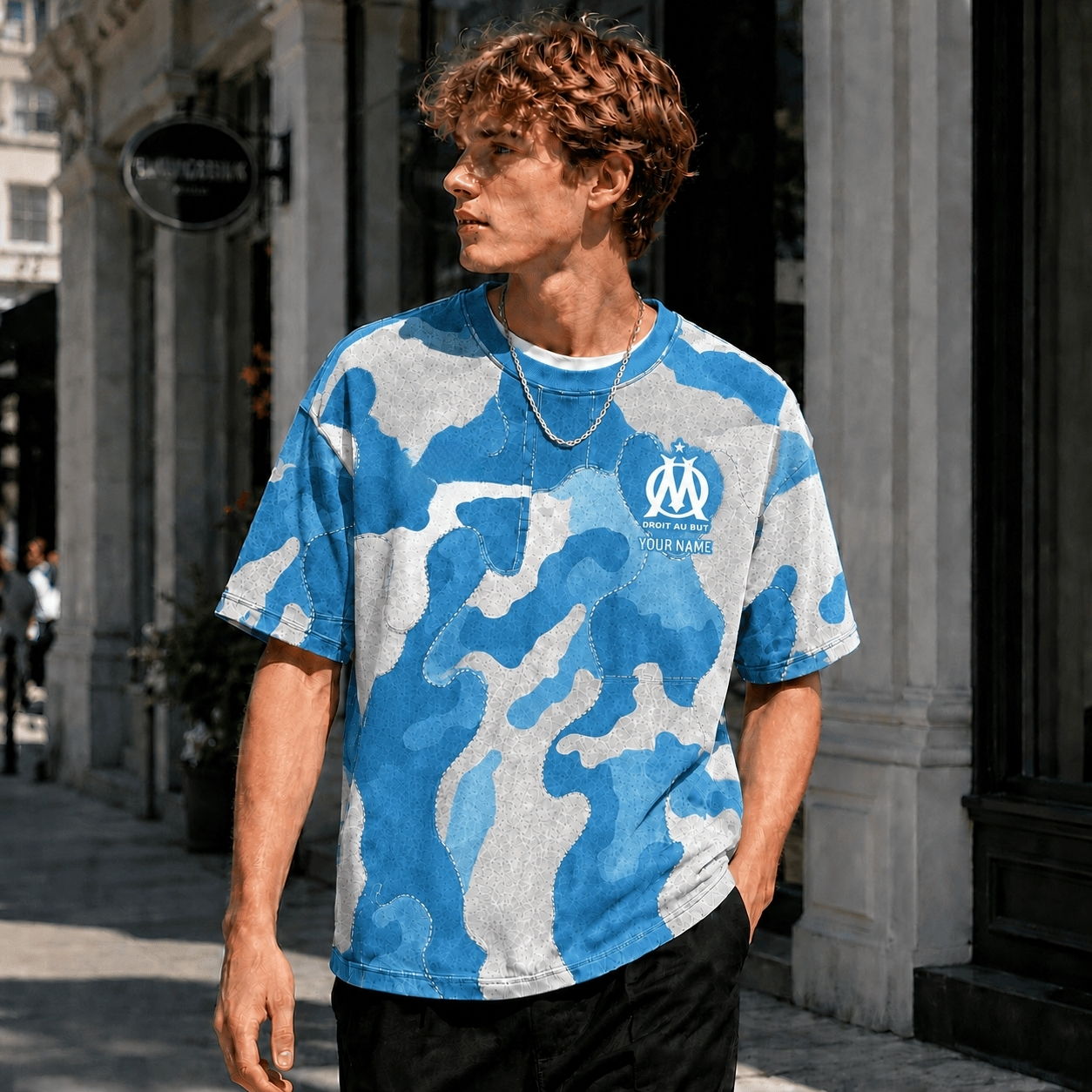 OM Marseille Blue White Camo T Shirt Custom Name For Fan