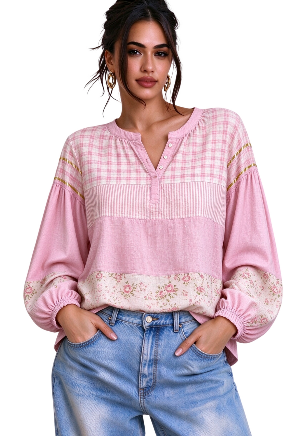 Women’s Boho Pink Plaid Floral Patchwork Long Sleeve Shirt Main image