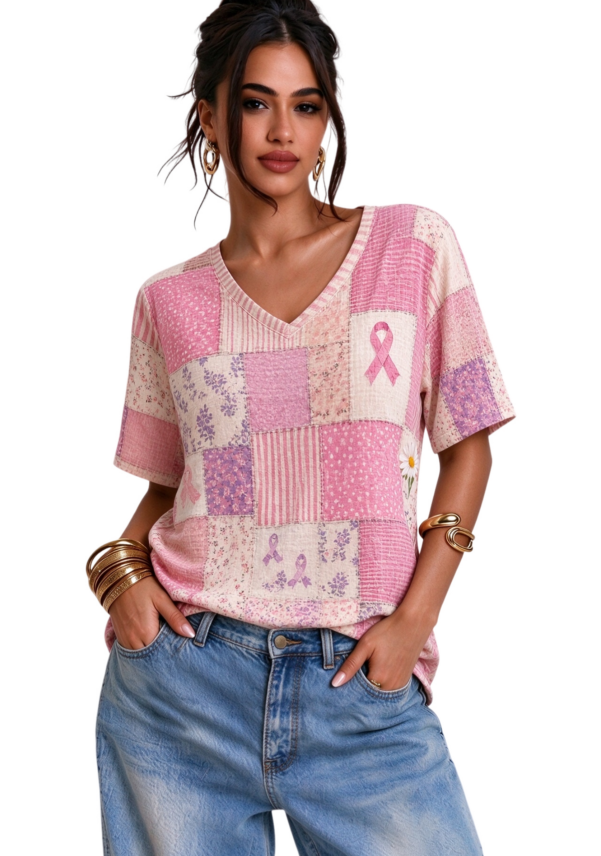 Women's Floral Pink Ribbon Short Sleeve T-Shirt Main image