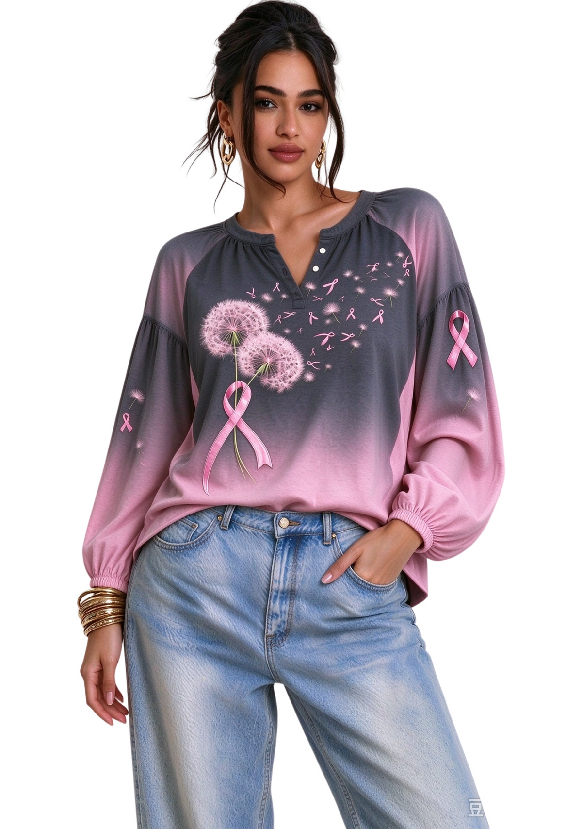 Women’s Breast Cancer Awareness Dandelion & Pink Ribbon Long Sleeve Shirt Main image