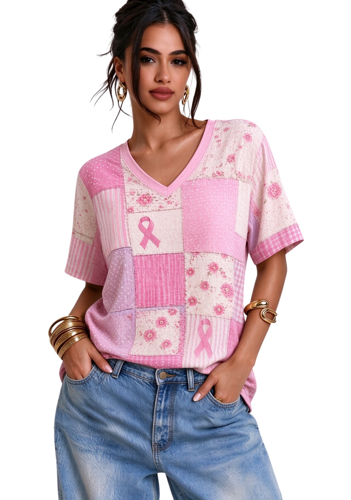 Women's Pink Patchwork Floral V Neck Short Sleeve T-Shirt Main image