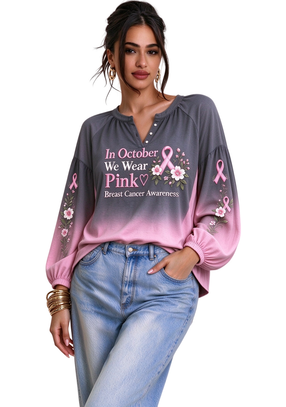 Women’s In October We Wear Pink Floral Ribbon Long Sleeve Shirt Main image
