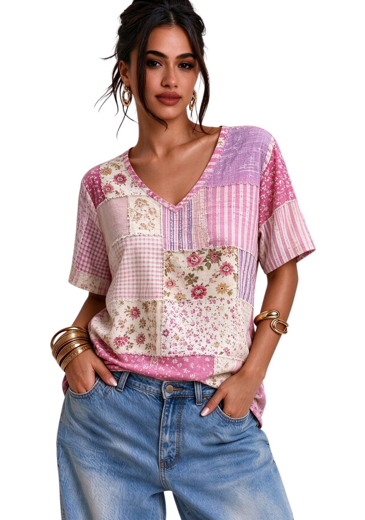 Women's Purple Pink Floral V Neck Short Sleeve T-Shirt Main image