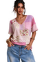 Women's Purple Pink Floral V Neck Short Sleeve T-Shirt