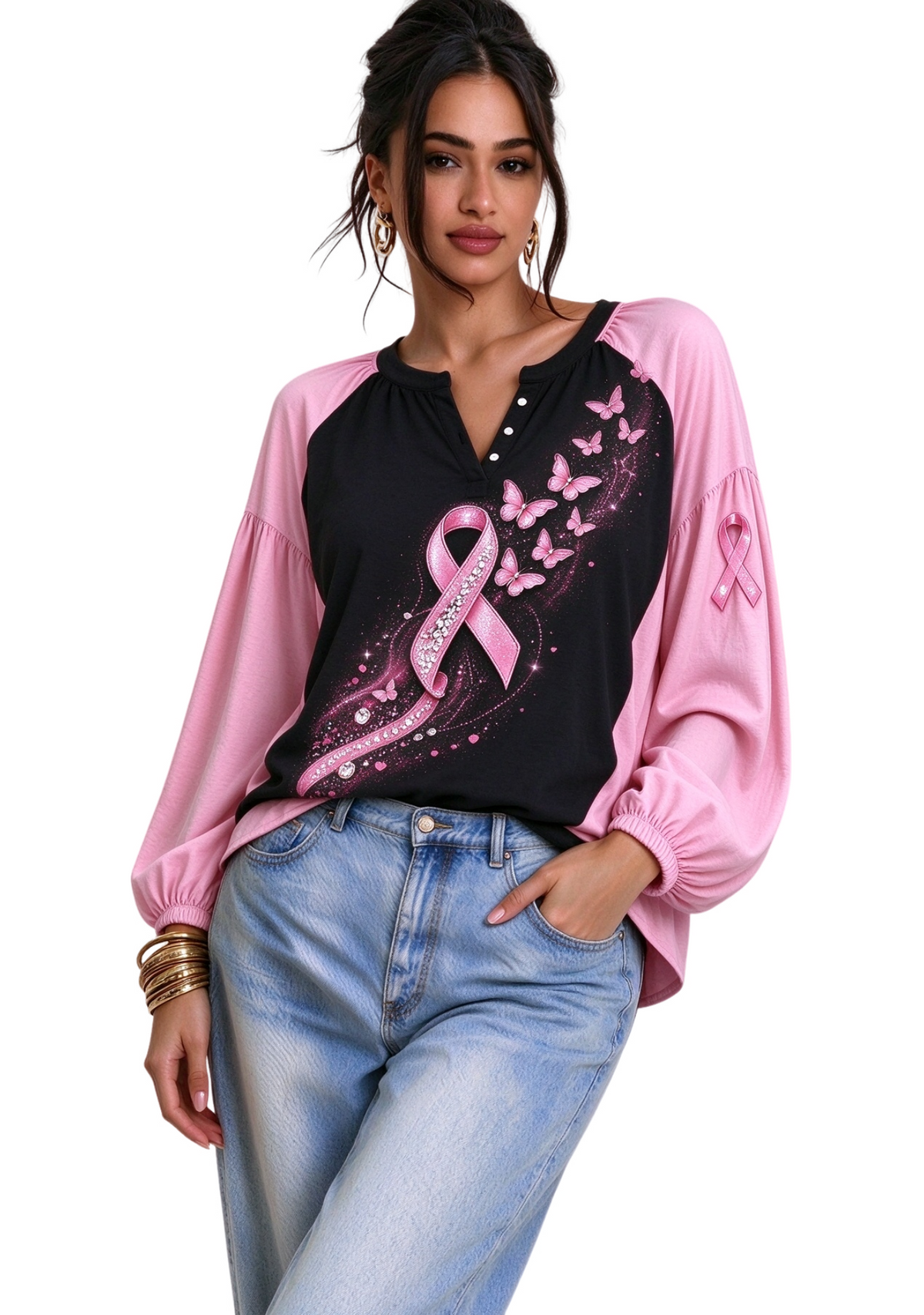 Women’s Butterfly Pink Ribbon Breast Cancer Awareness Long Sleeve Shirt Main image