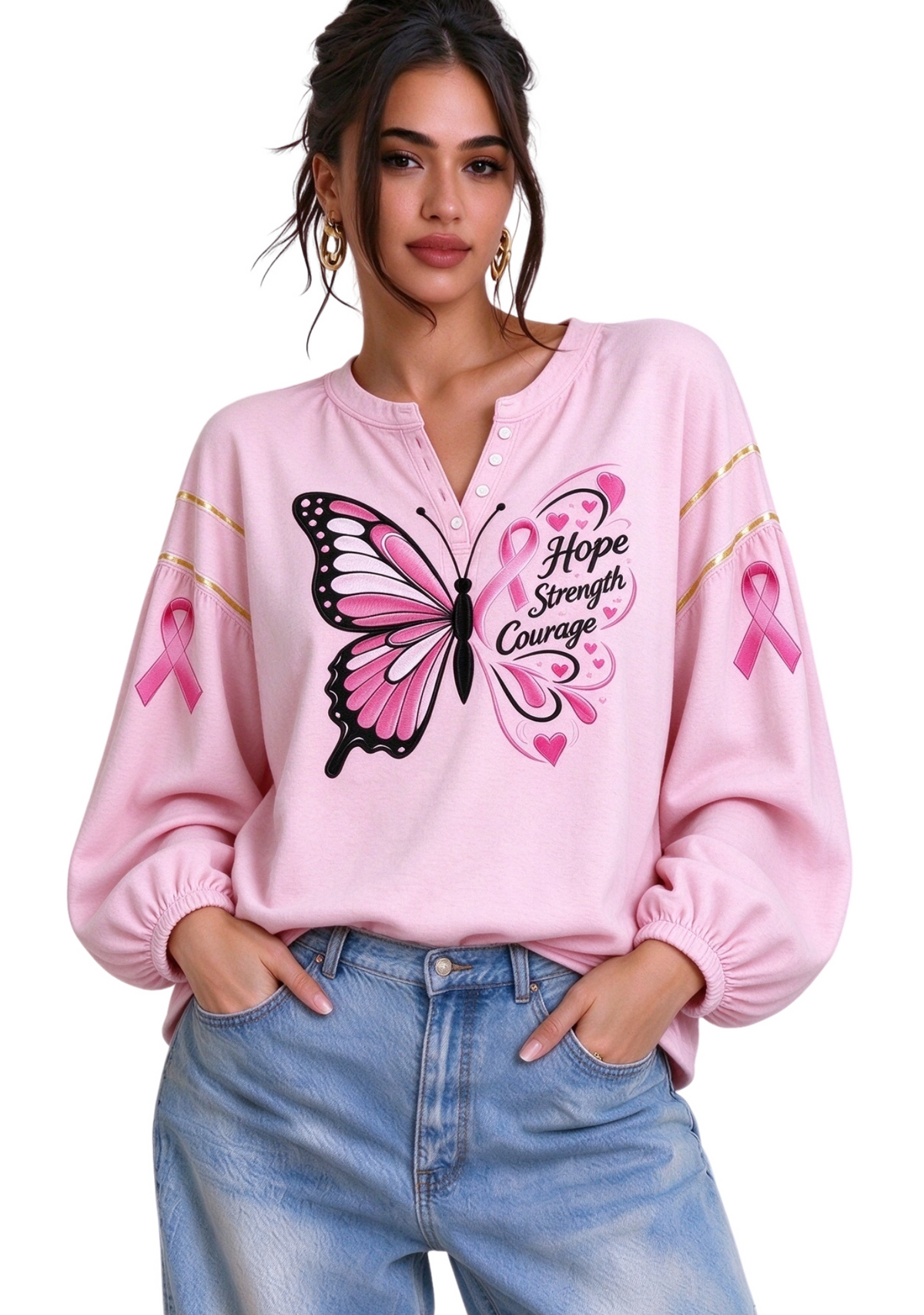 Women’s Gold Stripe Hope Butterfly Pink Ribbon Long Sleeve Shirt Main image