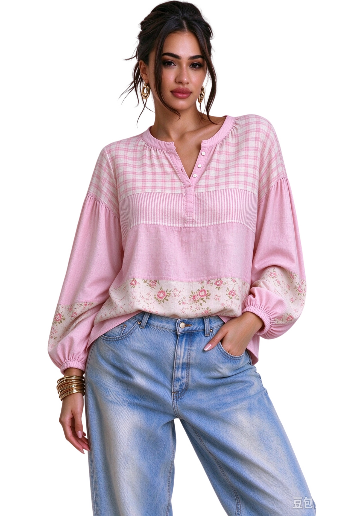 Women’s Pink Gingham Floral Patchwork Boho Long Sleeve Shirt Main image