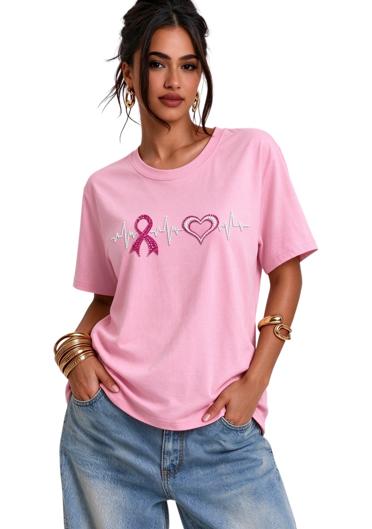 Women's Pink Ribbon Heart ECG Pattern Breast Cancer Awareness Short Sleeve T-Shirt Main image