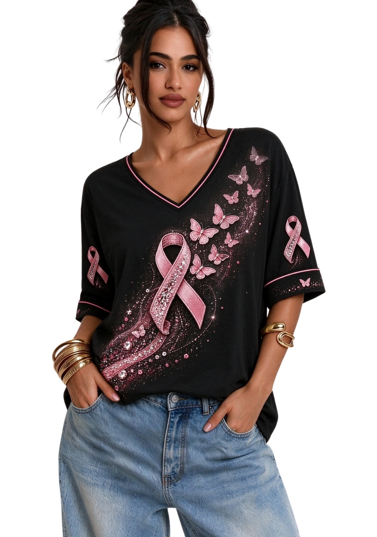Women's Black Pink Ribbon Butterfly Print Breast Cancer Short Sleeve T-Shirt