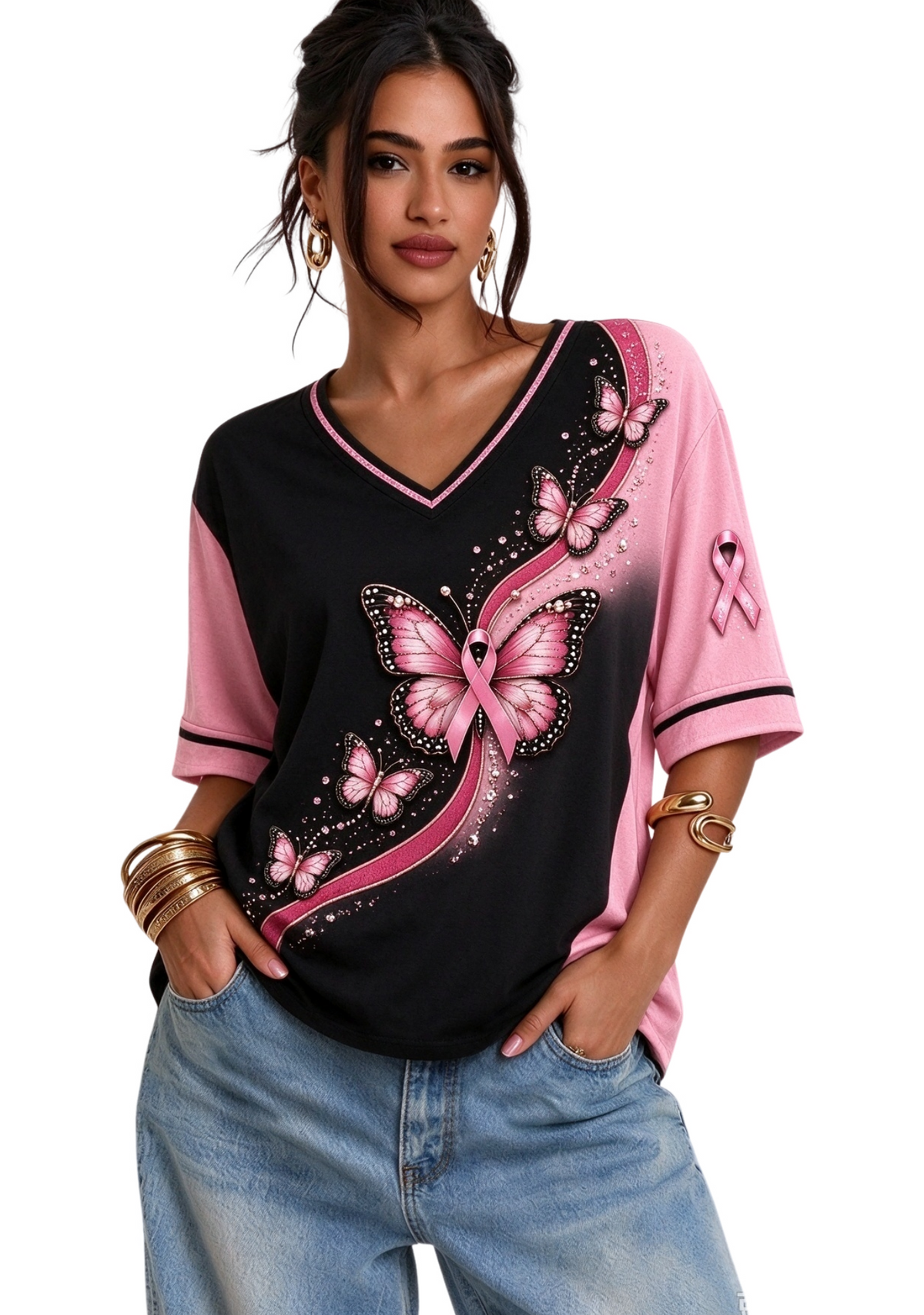Women's Black Pink Color Block V Neck Butterfly Pink Ribbon Short Sleeve T-Shirt Main image