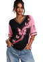 Women's Black Pink Color Block V Neck Butterfly Pink Ribbon Short Sleeve T-Shirt