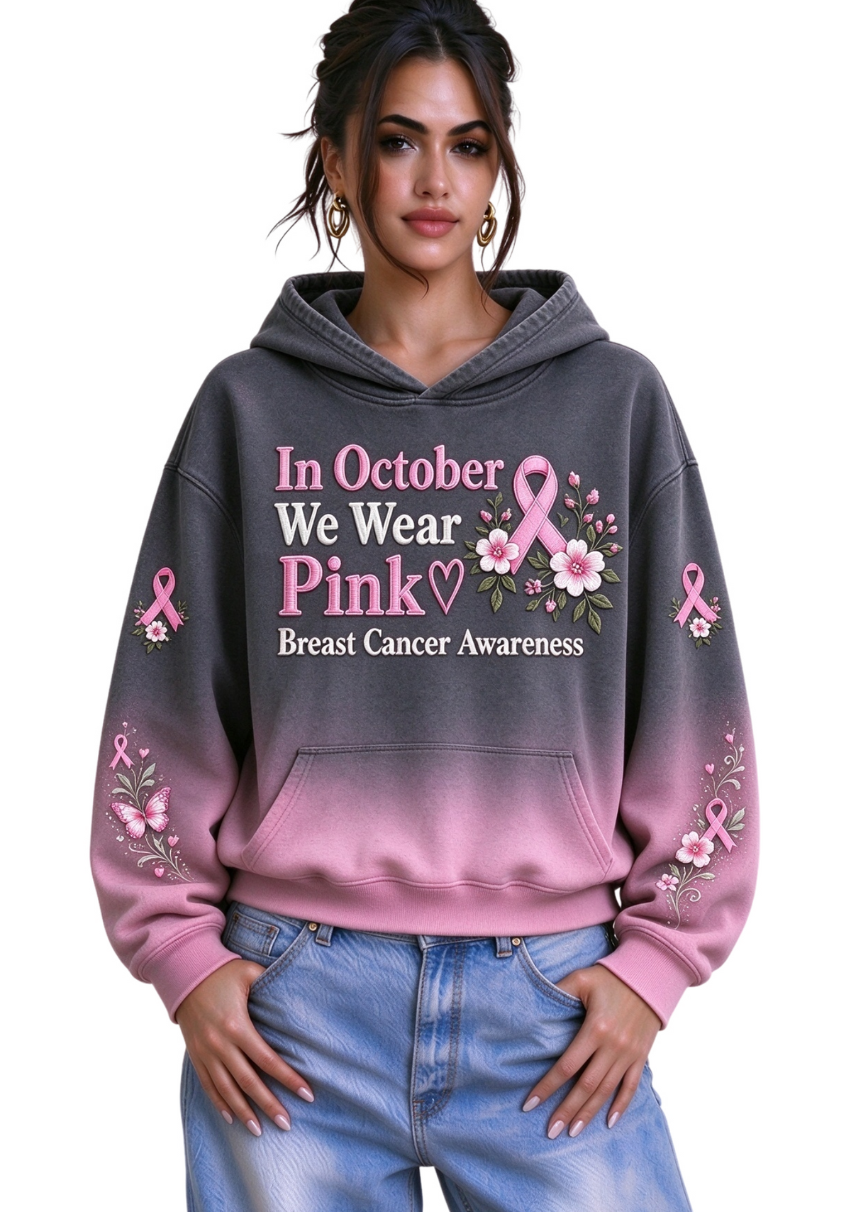 Women's Wash Gradient In October We Wear Pink Cancer Awareness Hoodie