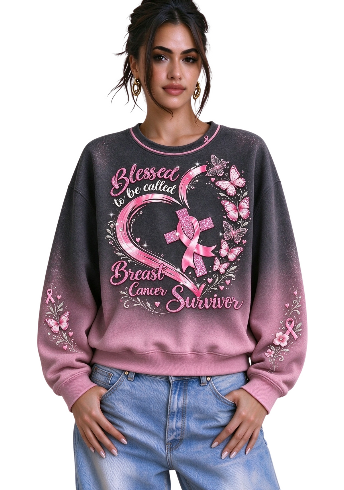 Women's Blessed To Be Called Breast Cancer Survivor Pink Ribbon Crewneck Sweatshirt