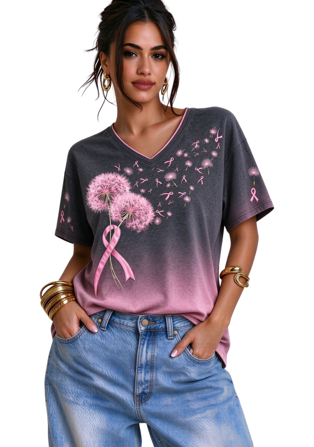 Women's Gradient Gray Pink V Neck Dandelion Heart Short Sleeve T-Shirt