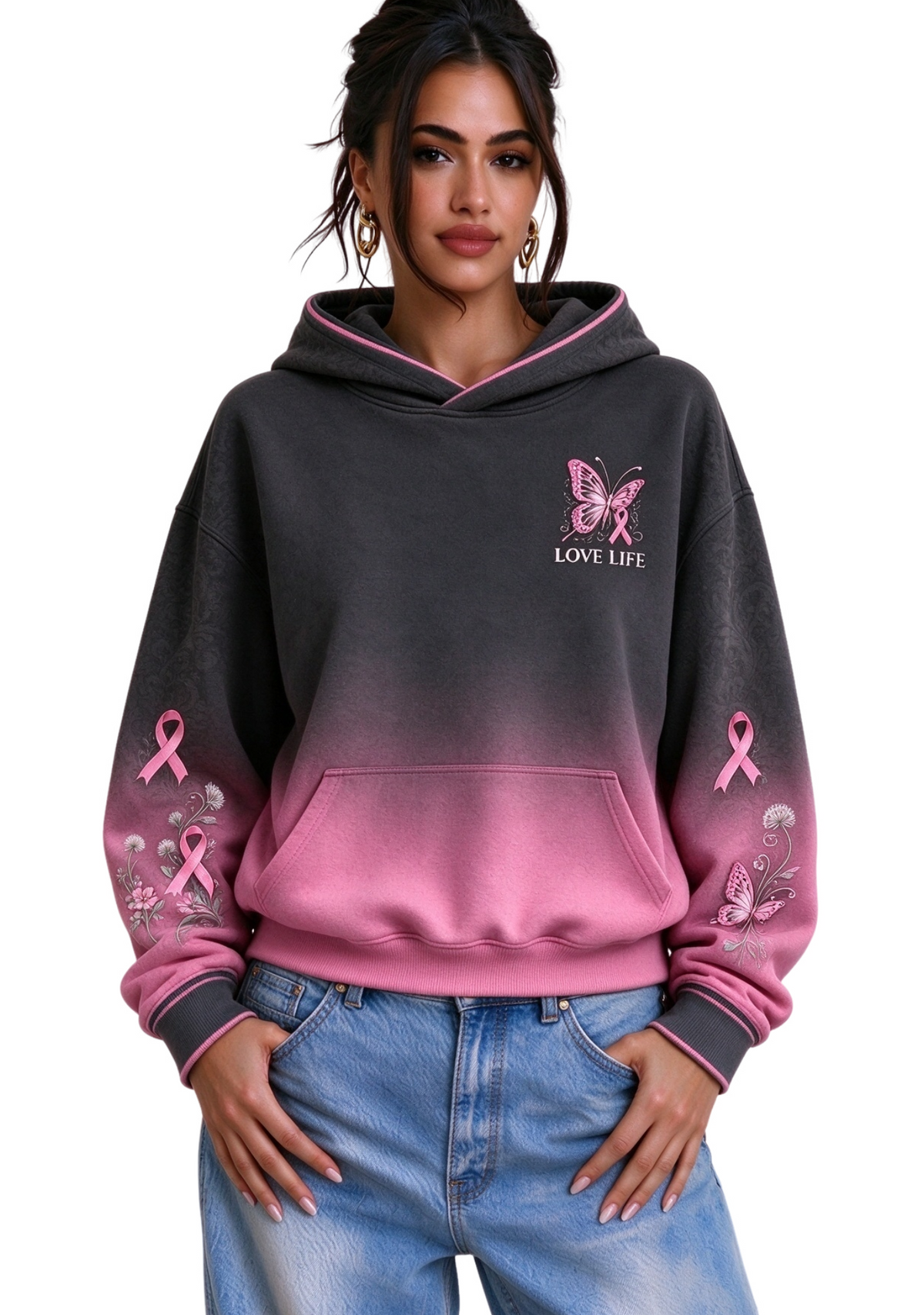 Women's Gradient LOVE LIFE Butterfly Pink Ribbon Breast Cancer Awareness Hoodie Main image