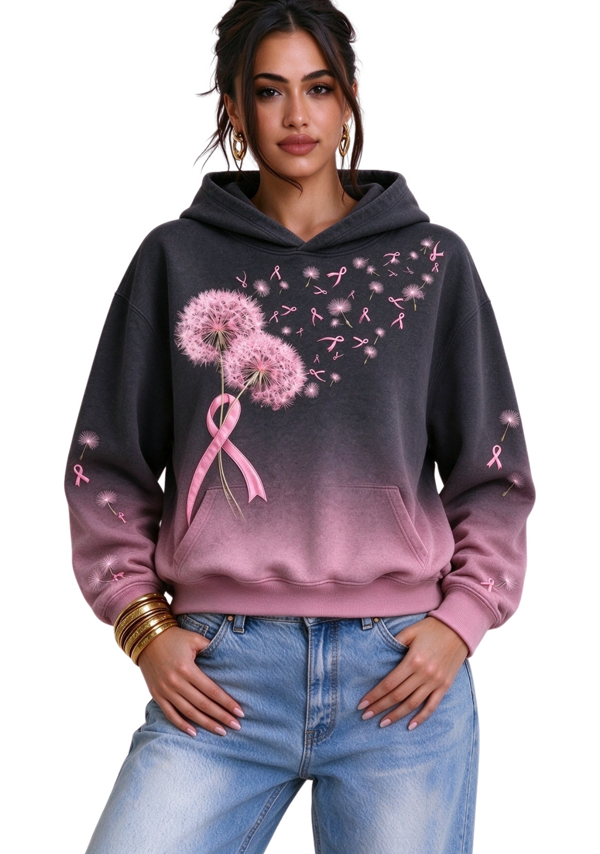 Women's Gradient Dandelion Heart Pink Ribbon Breast Cancer Awareness Hoodie