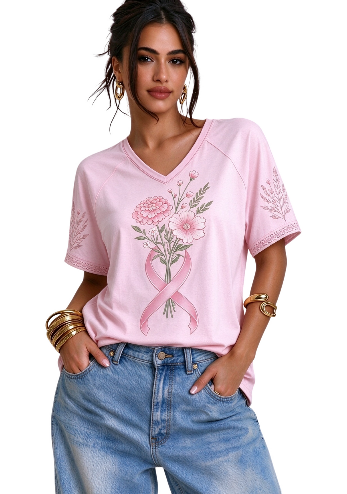 Women's Light Pink Floral Bouquet Pink Ribbon Short Sleeve T-Shirt Main image