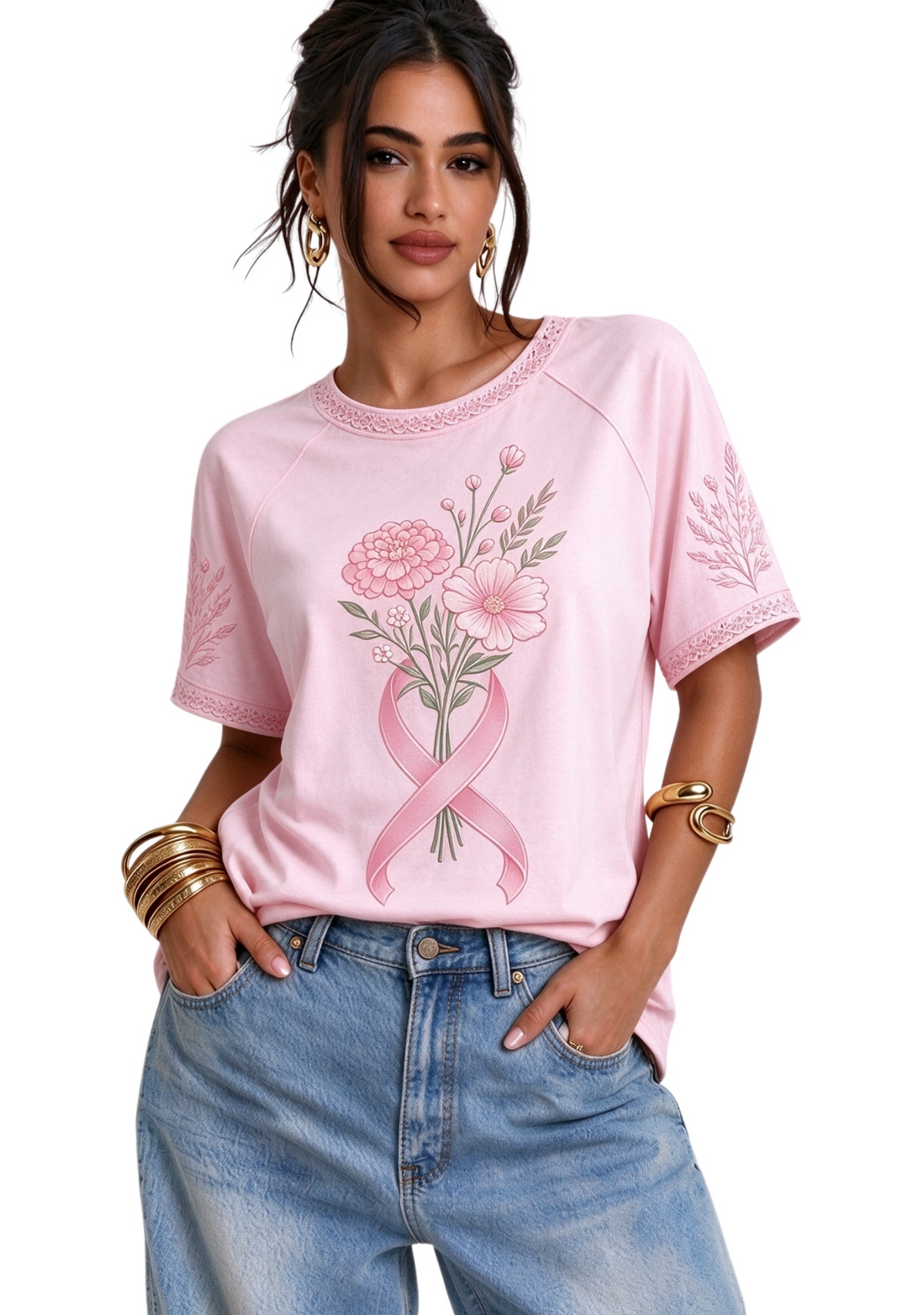 Women's Light Pink Lace Trim Crew Neck Short Sleeve T-Shirt