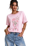 Women's Light Pink Lace Trim Crew Neck Short Sleeve T-Shirt