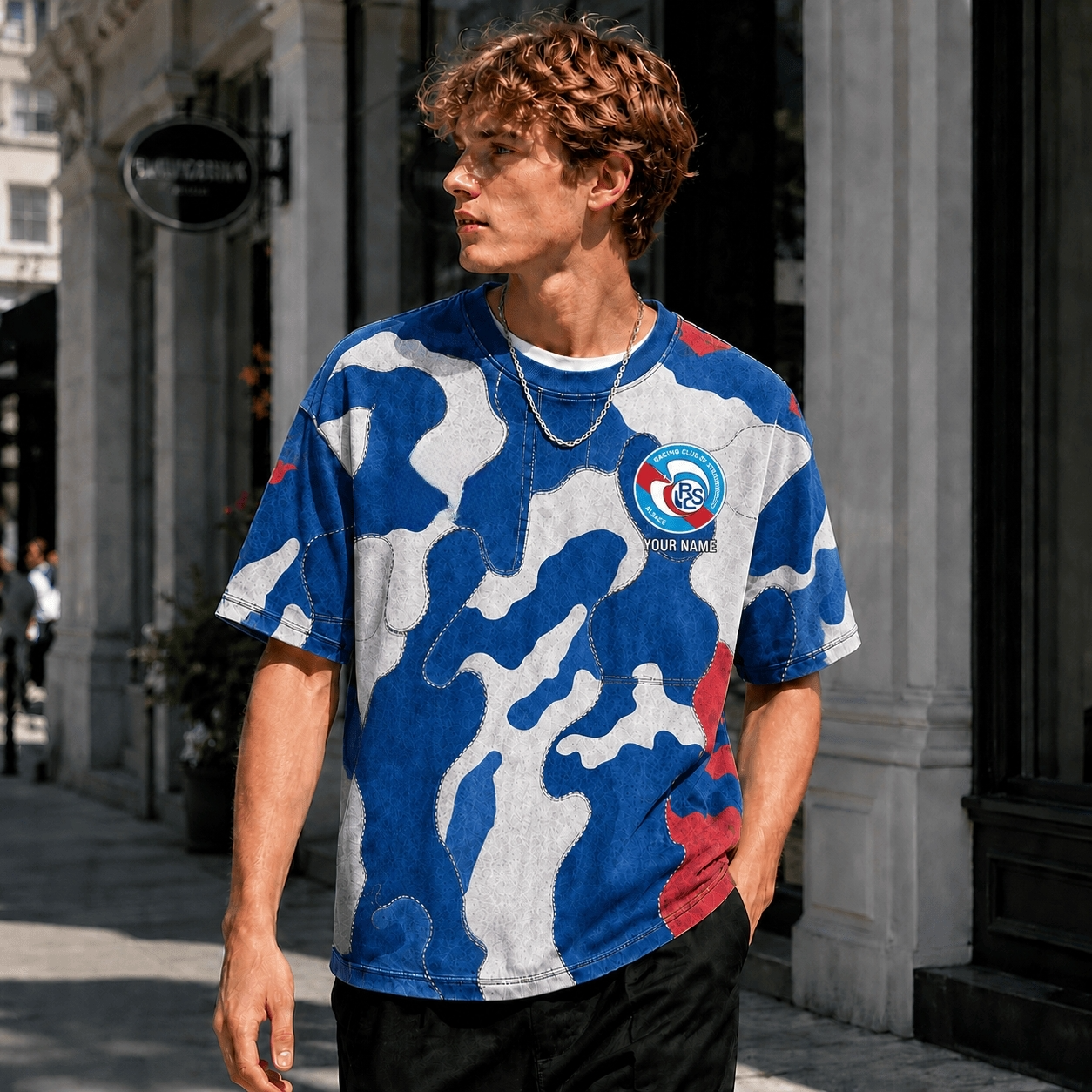 RC Strasbourg Blue White Camo T Shirt Custom Name For Fan