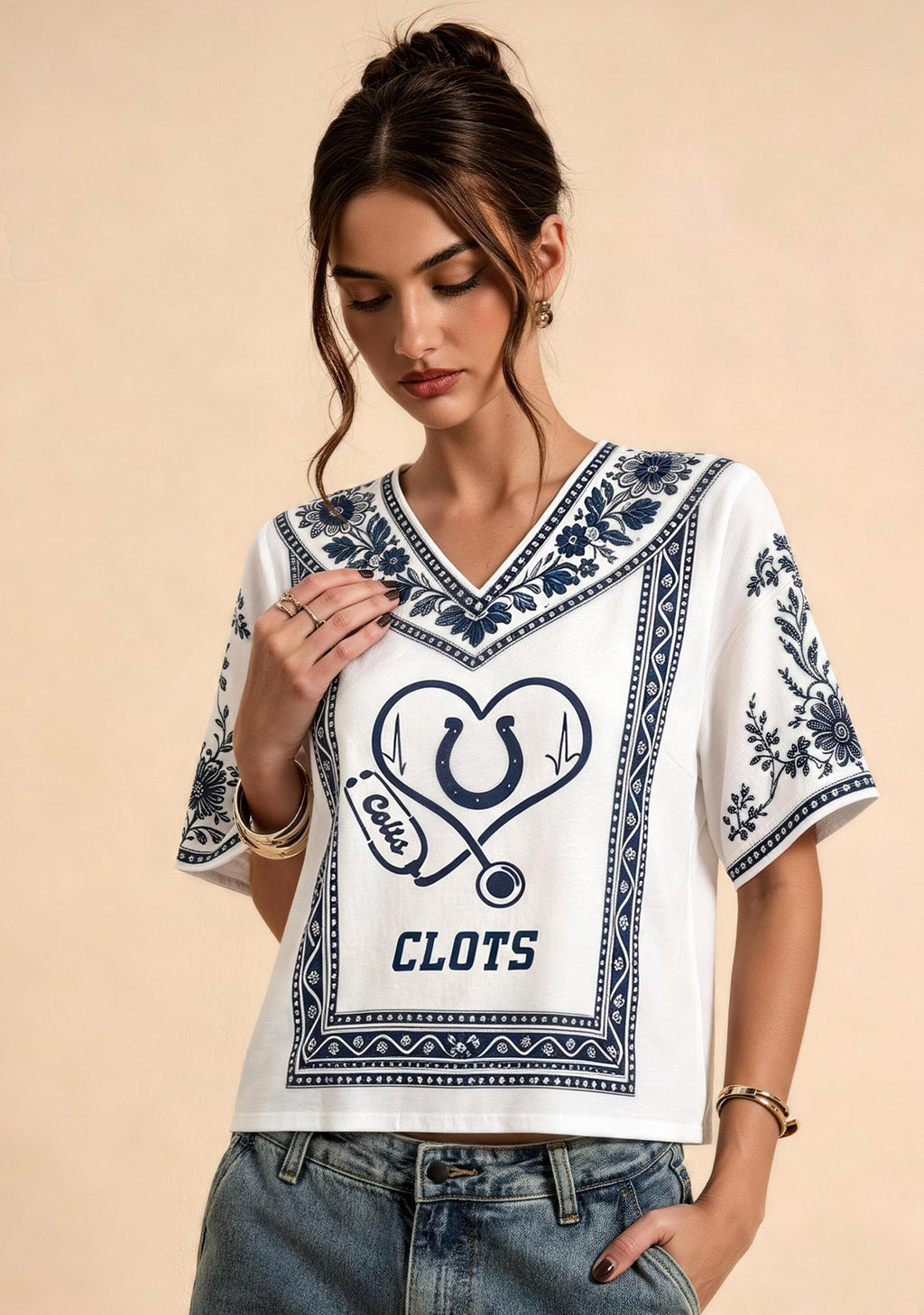 Indianapolis Colts Nurse Stethoscope Heart Boho Floral V-Neck Blouse