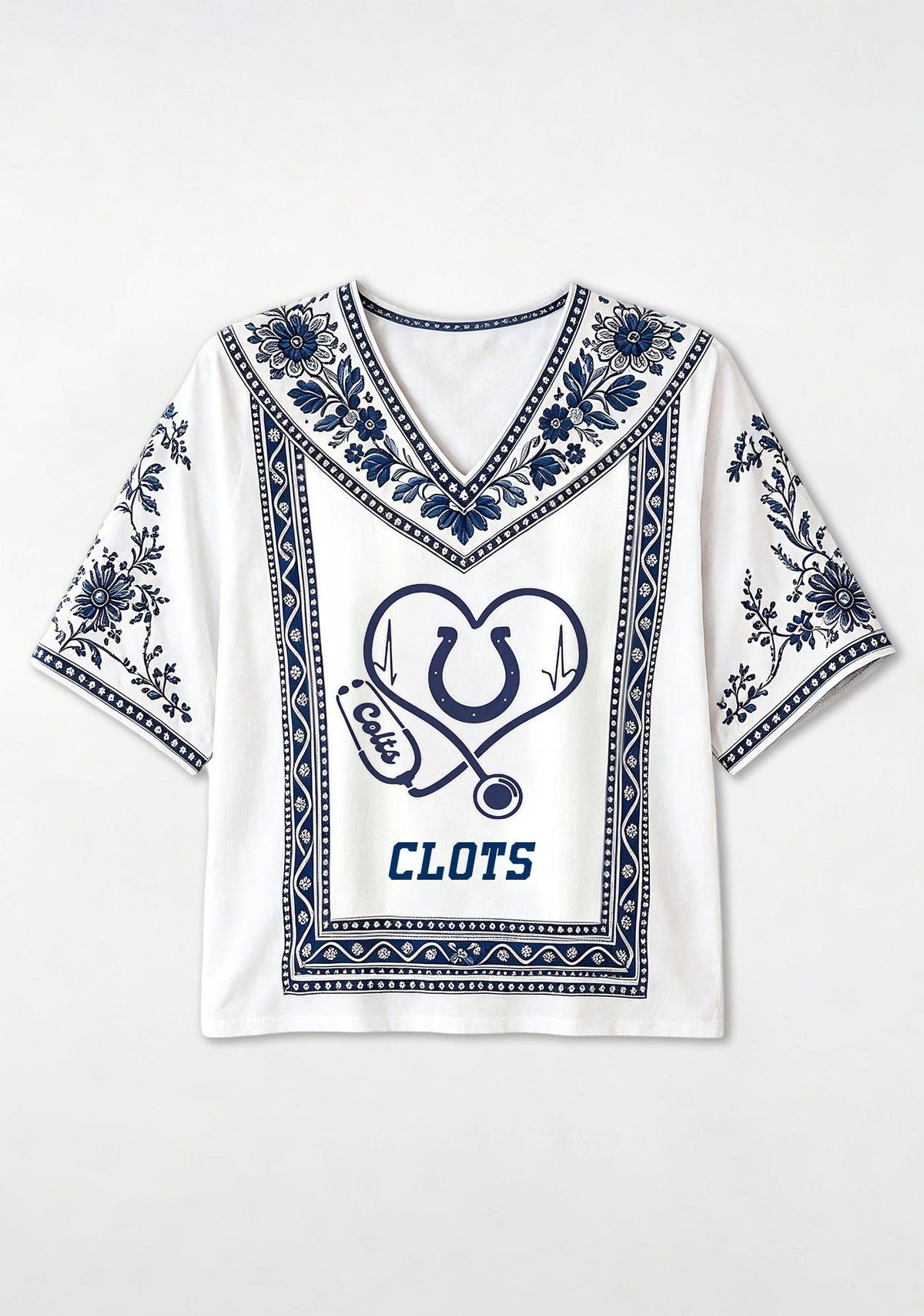 Indianapolis Colts Nurse Stethoscope Heart Boho Floral V-Neck Blouse