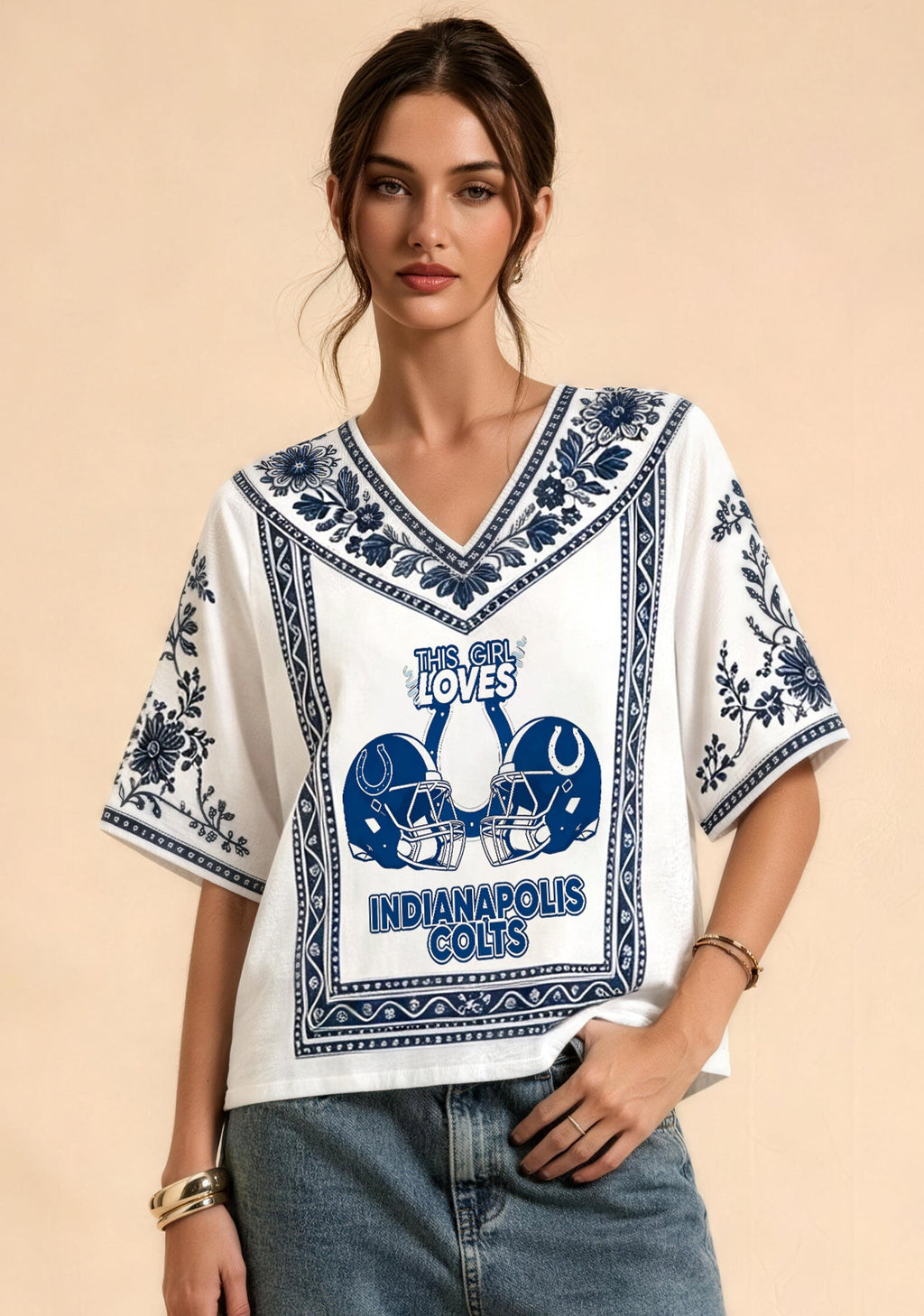 This Girl Loves Indianapolis Colts Boho Floral V-Neck Blouse