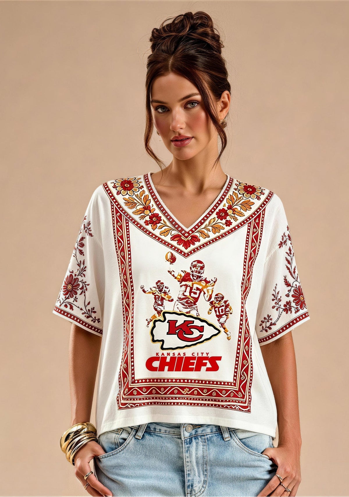 Kansas City Chiefs Retro Player Collage Boho Floral V-Neck Blouse Main image