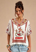 Kansas City Chiefs Retro Player Collage Boho Floral V-Neck Blouse