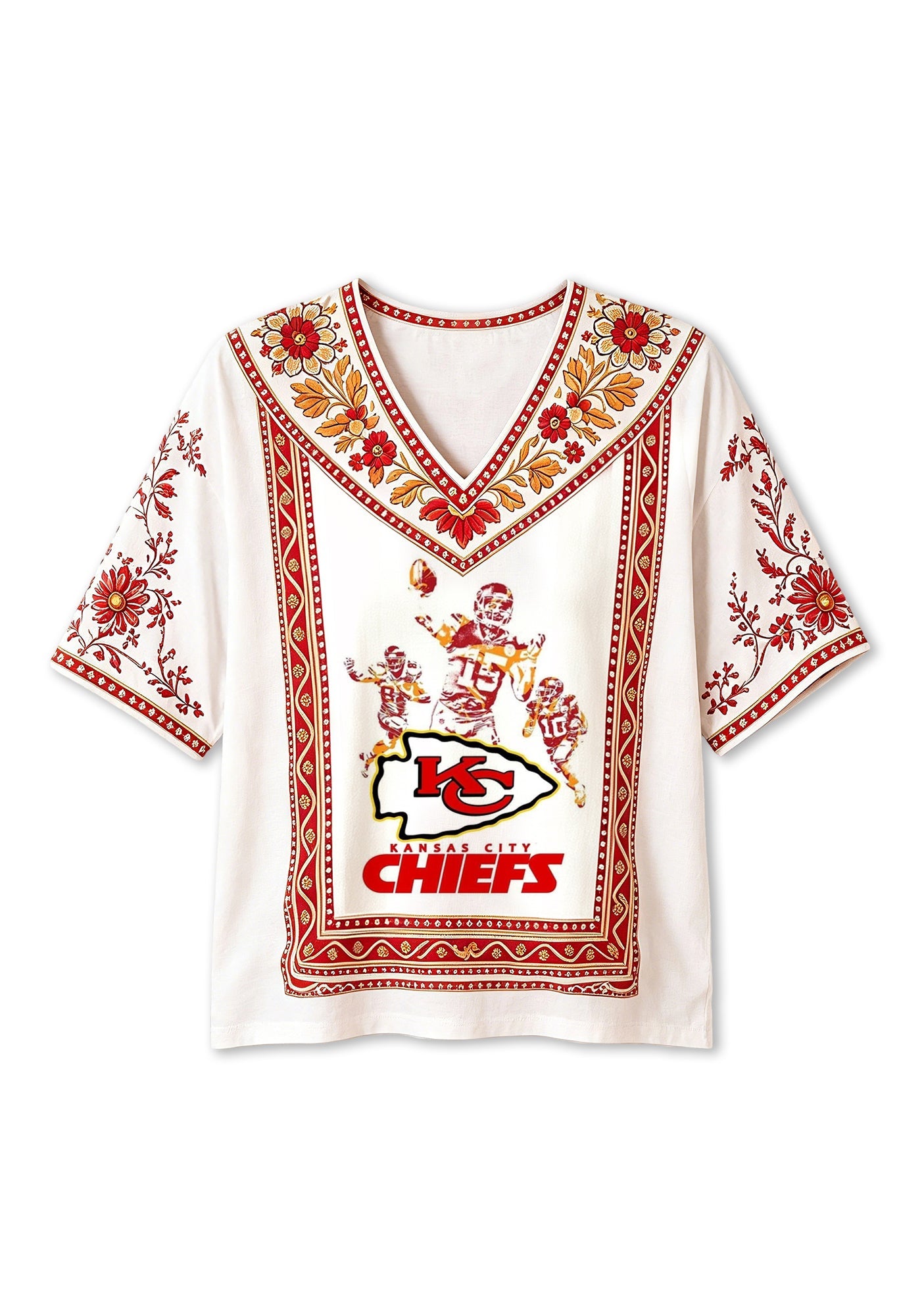 Kansas City Chiefs Retro Player Collage Boho Floral V-Neck Blouse Secondary image