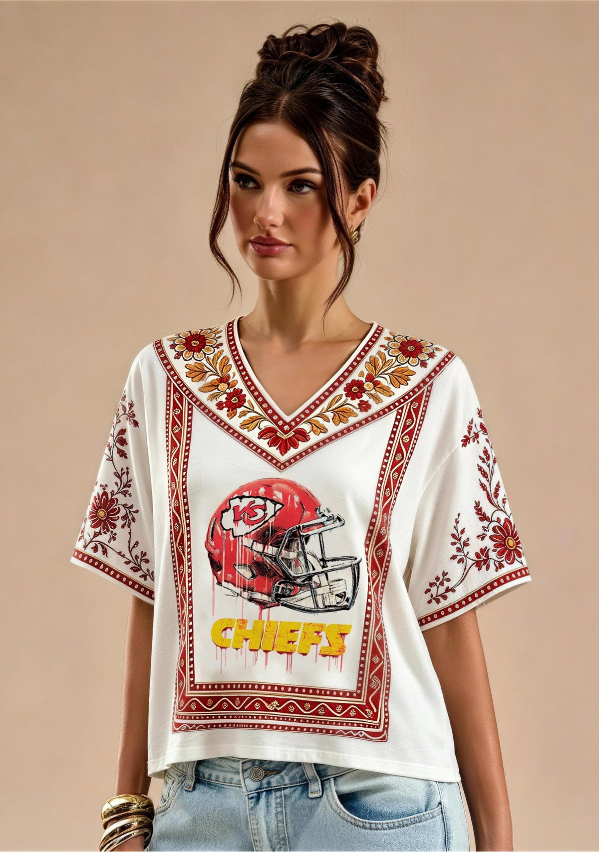 Kansas City Chiefs Drip‑Style Helmet Boho Floral V-Neck Blouse Main image