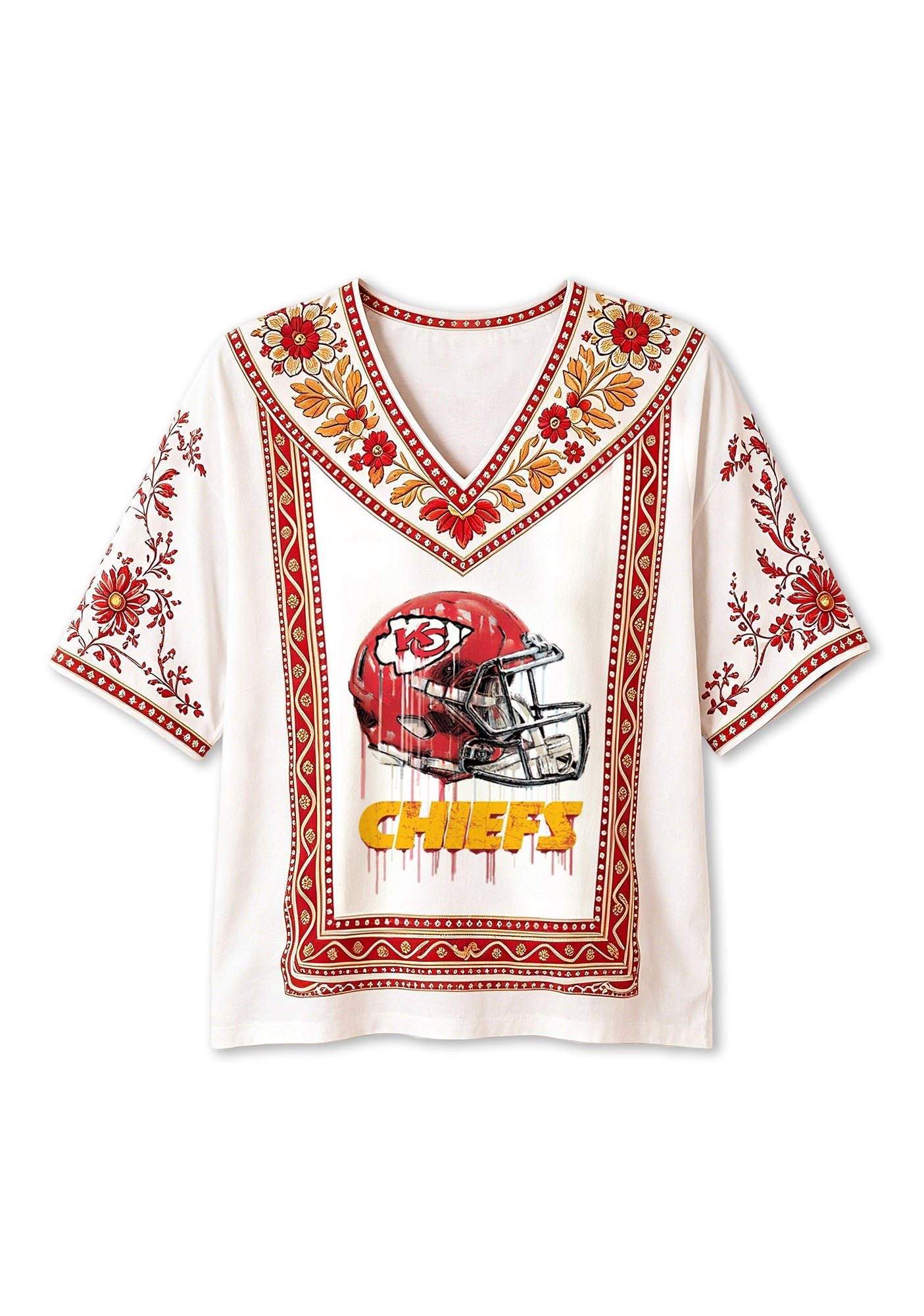 Kansas City Chiefs Drip‑Style Helmet Boho Floral V-Neck Blouse Secondary image