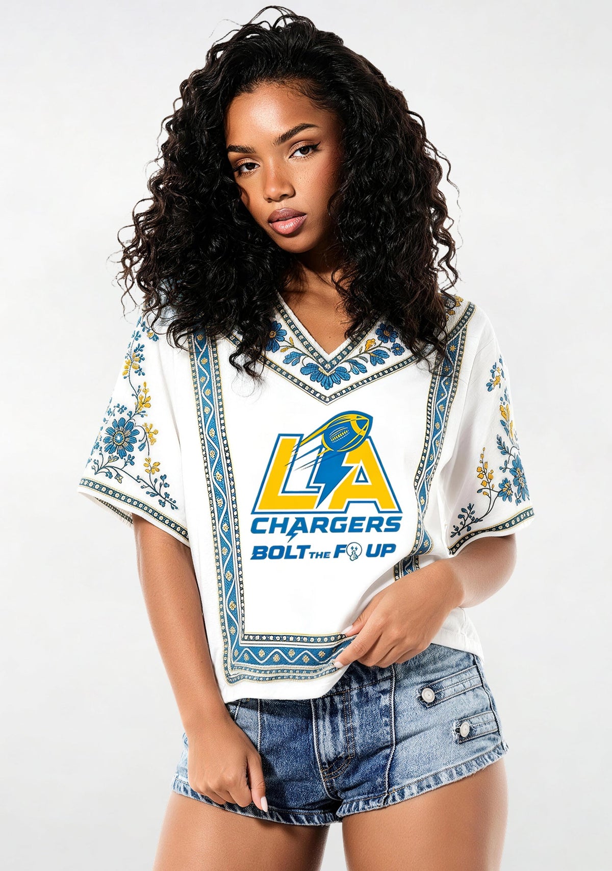 LA Chargers Bolt The F Up Boho Floral V-Neck Blouse Main image