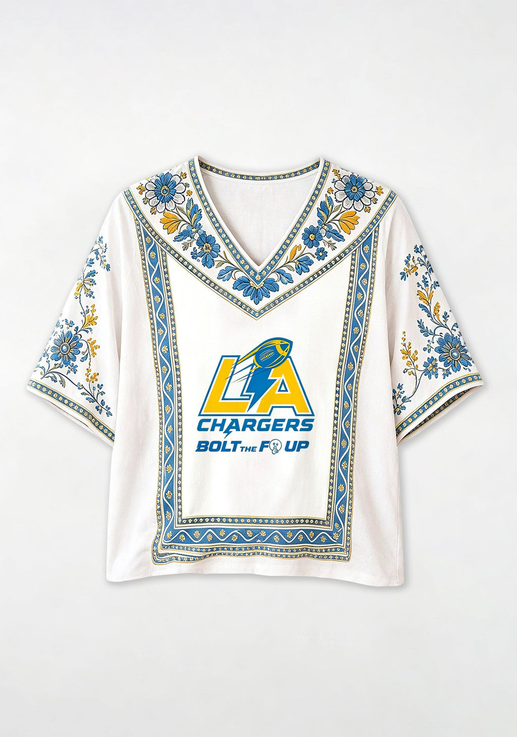 LA Chargers Bolt The F Up Boho Floral V-Neck Blouse
