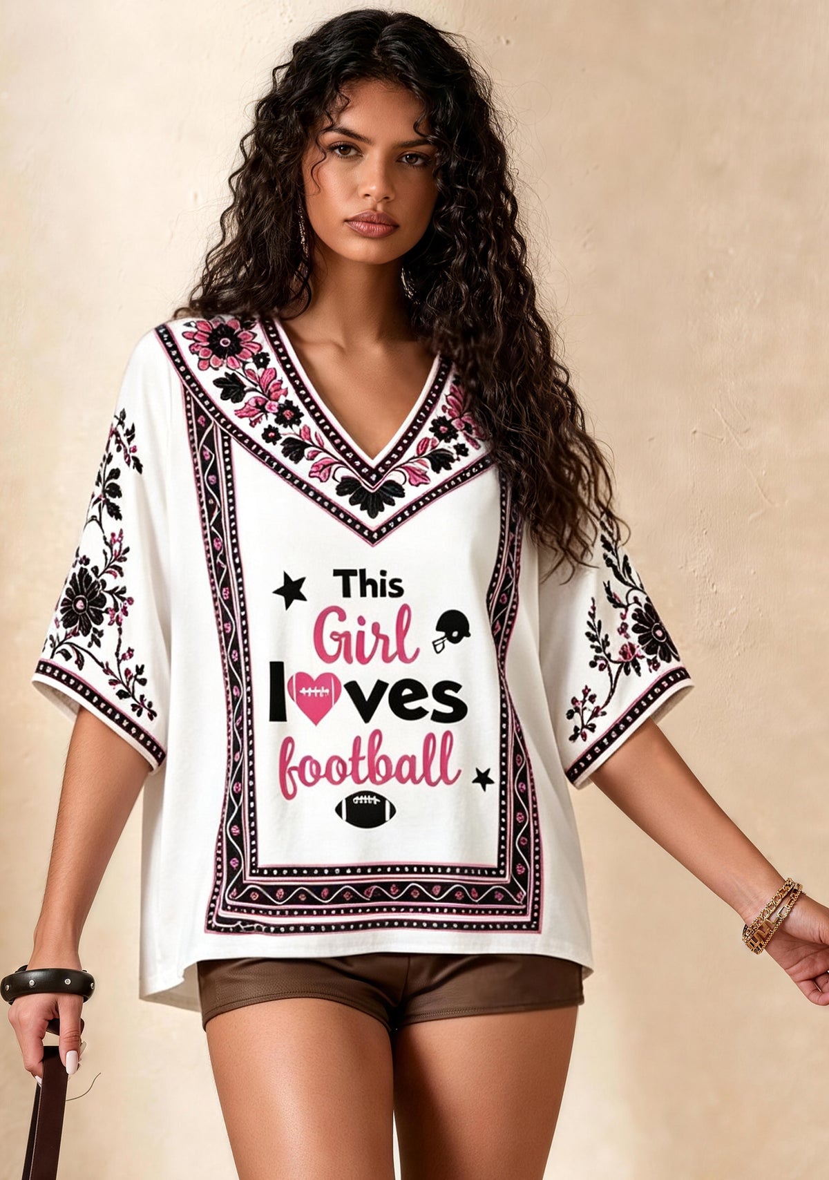 This Girl Loves Football Boho Floral Game‑Day V-Neck Blouse Main image