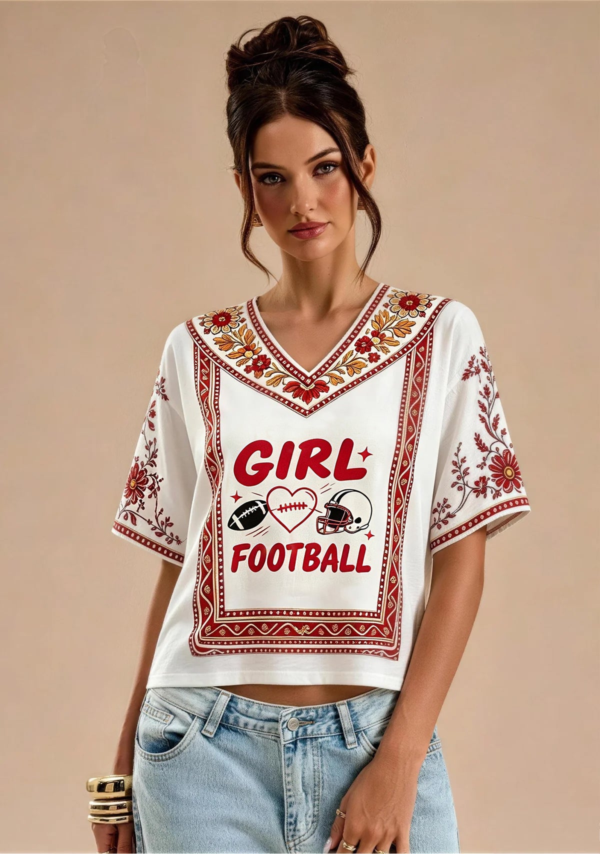 Girl Loves Football Boho Floral Border Game‑Day V-Neck Blouse Main image