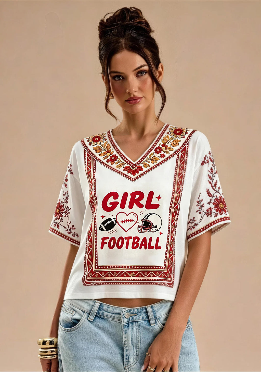 Girl Loves Football Boho Floral Border Game‑Day V-Neck Blouse