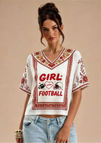 Girl Loves Football Boho Floral Border Game‑Day V-Neck Blouse