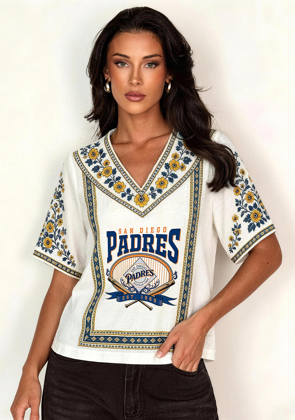 San Diego Padres Boho Floral V-Neck Blouse