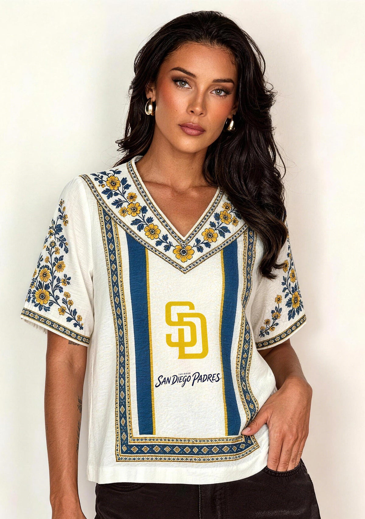 San Diego Padres SD Logo Boho Floral V-Neck Blouse Main image