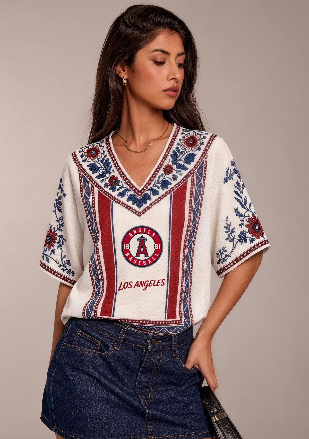 Los Angeles Angels 1961 Retro Logo Boho Floral V-Neck Blouse