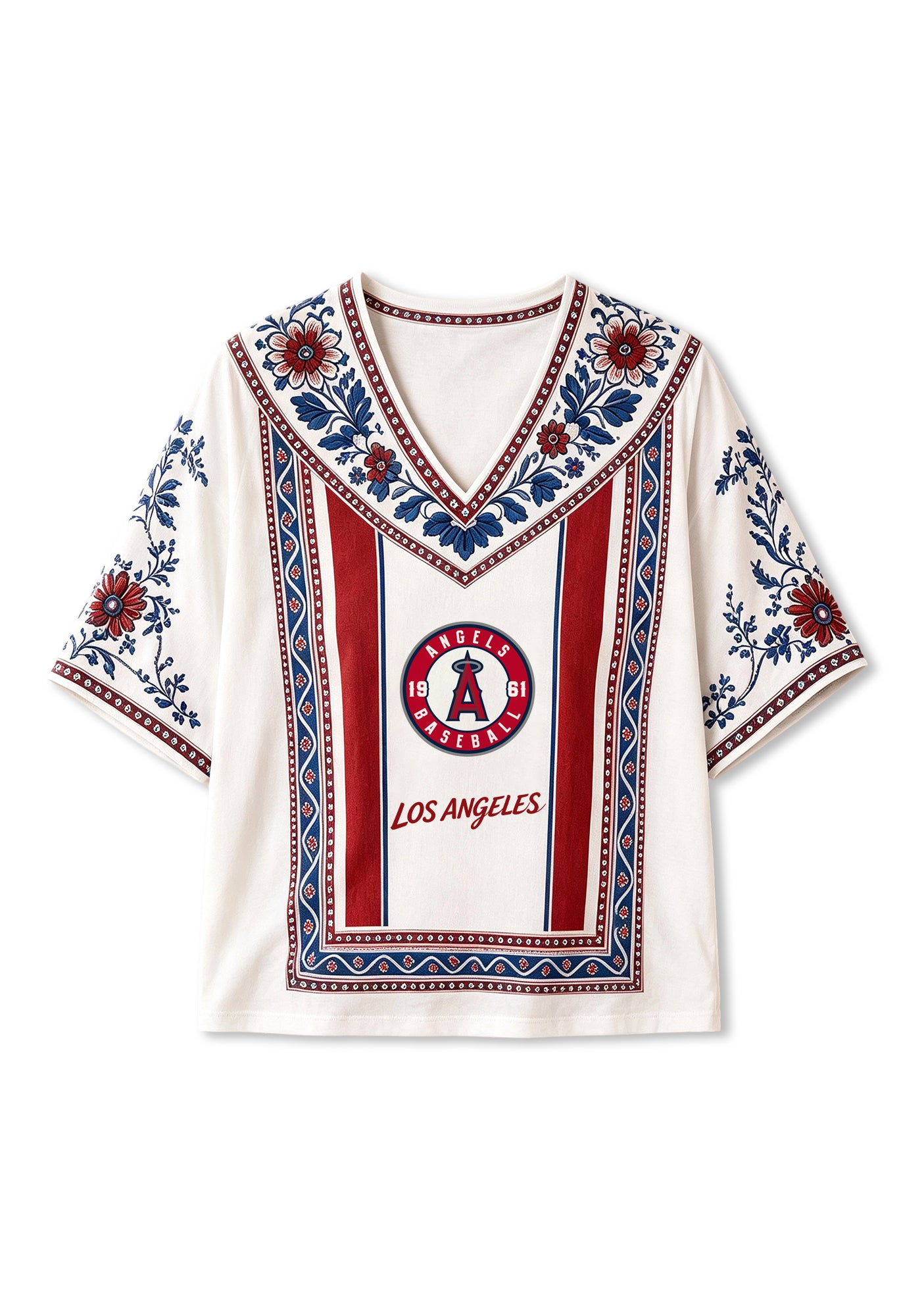 Los Angeles Angels 1961 Retro Logo Boho Floral V-Neck Blouse Secondary image
