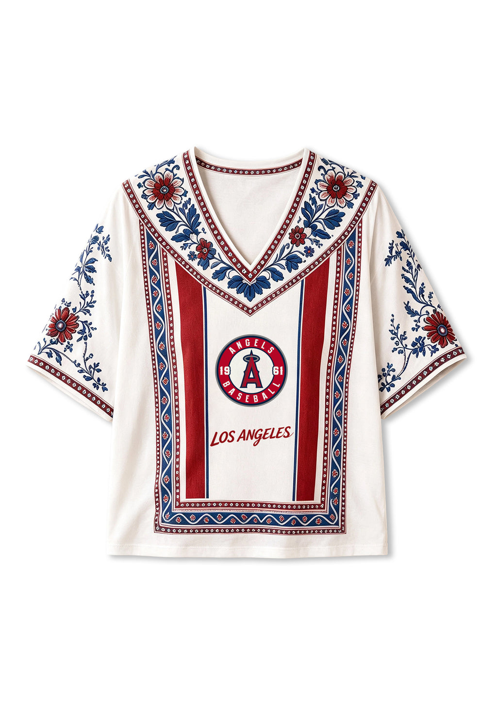 Los Angeles Angels 1961 Retro Logo Boho Floral V-Neck Blouse